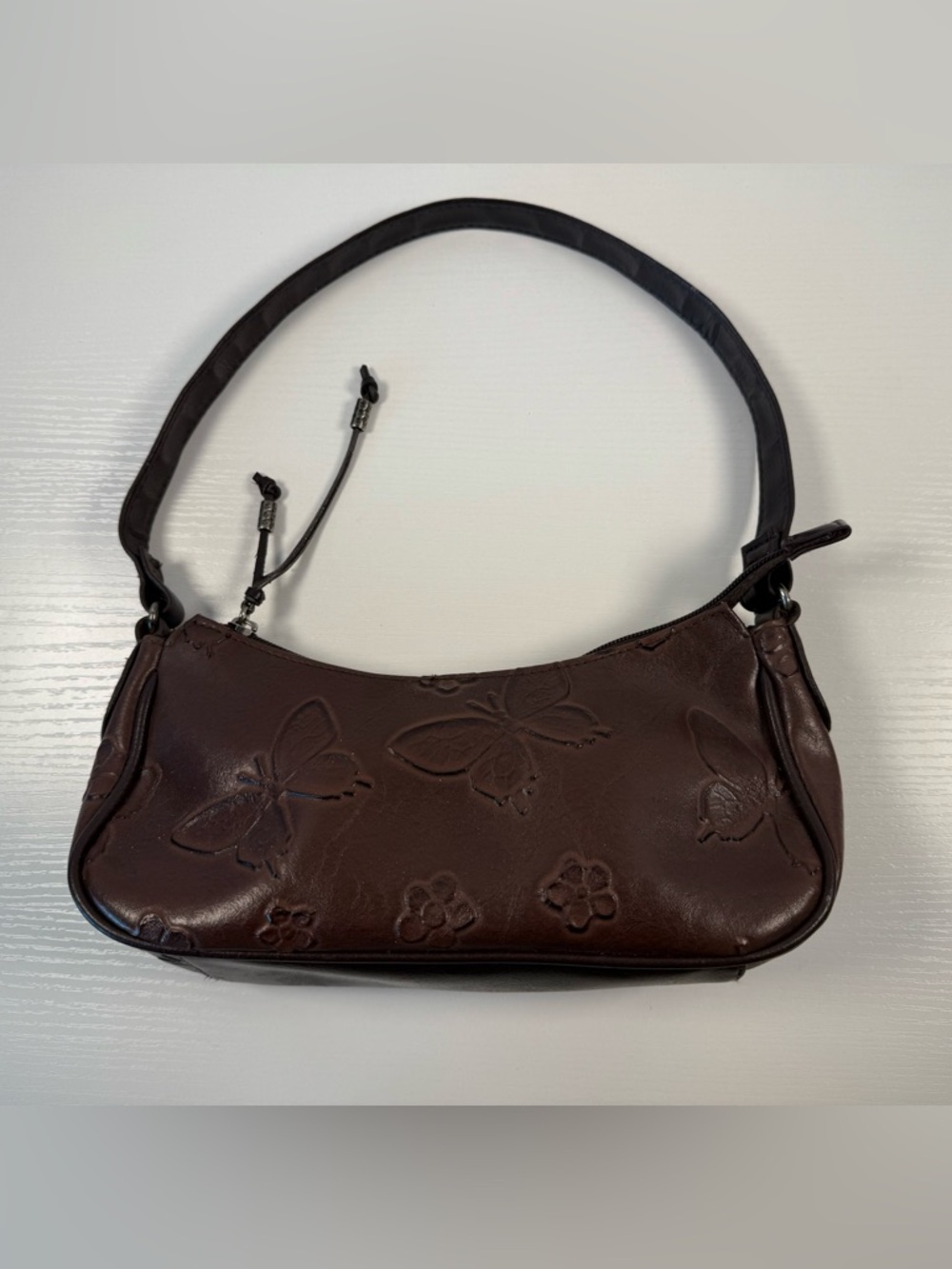 Brown Embossed Butterfly Leather Shoulder Bag